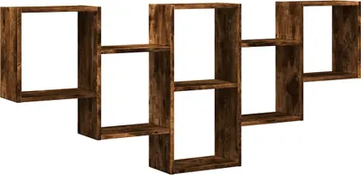 A wooden wall shelf with multiple compartments.