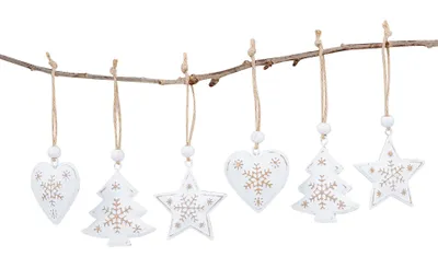 Produktbild von 6 Weihnachtsanhänger Metall Weiß Gold Baumschmuck Weihnachtsbaum Stern Herz Baumdeko Deko-Anhänger Weihnachten