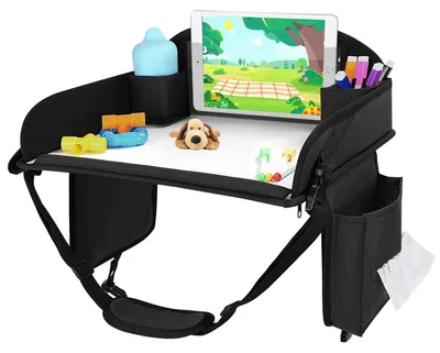 Immagine prodotto di Tavolino da viaggio per seggiolino auto, aereo, treno, vassoio poggiagambe, organizer pieghevole, colore nero, dimensioni 43x34 cm