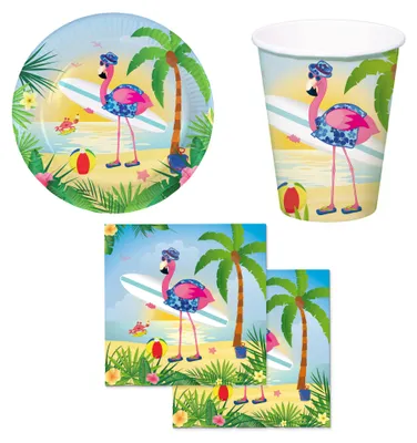Produktbild von 36-teiliges Flamingo am Strand Party-Set inkl. Pappteller, Pappbecher und Servietten