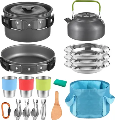 Produktbild von Camping Kochgeschirr Set, Aluminium Material, 12 cm Topfdurchmesser, 20 cm Pfannendurchmesser, Leicht und Tragbar, Umweltfreundliche