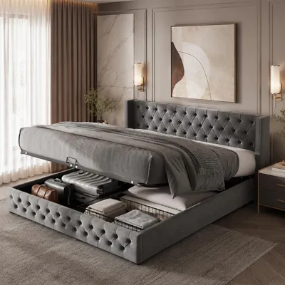 Obrázek produktu pro Čalouněná postel Chesterfield s hydraulickým úložným prostorem, rozměry 180 x 200 cm, barva šedá, Obrázek vytvořený pomocí AI