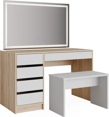 Produktbild von Schminktisch Vicco Sherry Weiß/Sonoma 120 cm mit LED Spiegel und Hocker, Model 36906