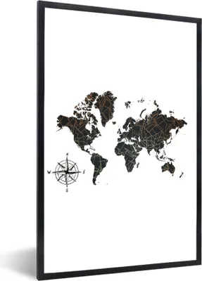 Produktbild von MuchoWow® Gerahmtes Poster Weltkarte - Bronze - Kompass 40x60 cm - Poster mit Schwarzem Bilderrahmen Wandposter Rahmen Foto Bilder - Papierdruck - Wandbilder