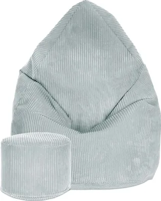 A light gray corduroy bean bag chair and a matching round ottoman are displayed against a white background.