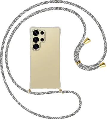 Produktbild von Handykette Backcover-Schutzhülle mit Band (Metall goldfarben) für Samsung S25 Ultra - weiß/grau kariert