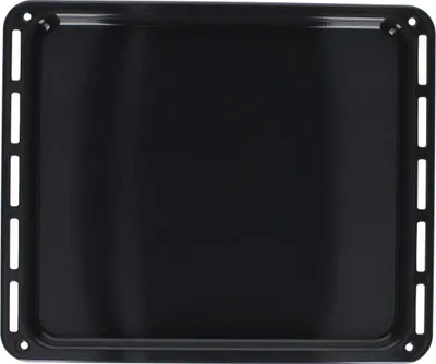 A top-down view of a black oven baking tray.