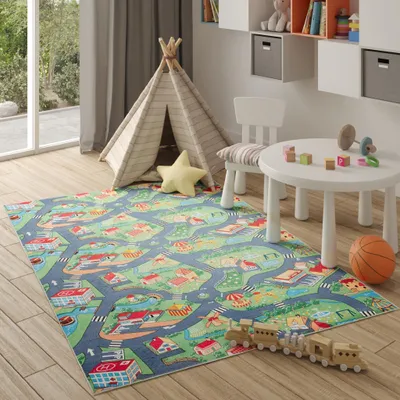 Produktbild von Teppich Kinderzimmer Bunt Grün Grau Straßenteppich 200 x 300 cm
