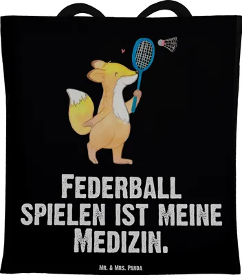 Produktbild von Mr. & Mrs. Panda Einkaufstasche Fuchs Federball spielen - Schwarz - Geschenk, dokumententasche, Tasche, Laptoptasche, Badminton, Baumwollbeutel, Tote Bag