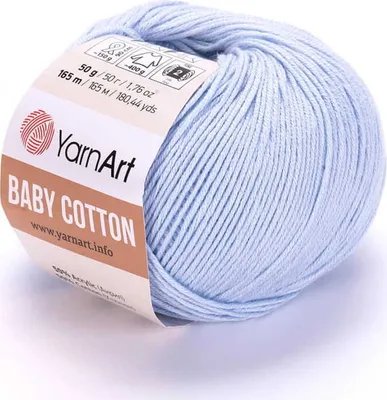 A ball of light blue yarn with a label.