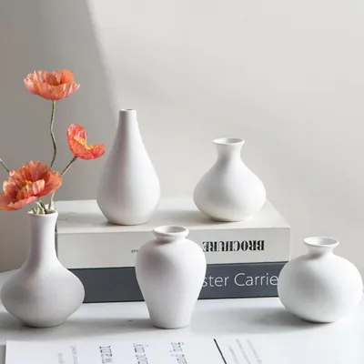Produktbild von Keramik Vasen Set 5 Stück Weiß 8-15 cm Höhe für Blumen & Deko