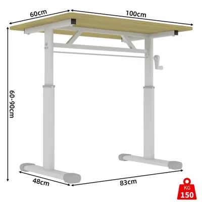 Image de Bureau réglable en hauteur - Table de travail - Réglable en hauteur - 60 x 100 cm - Métal et bois - Structure à double colonne - Pied stable et large - Aspect bois