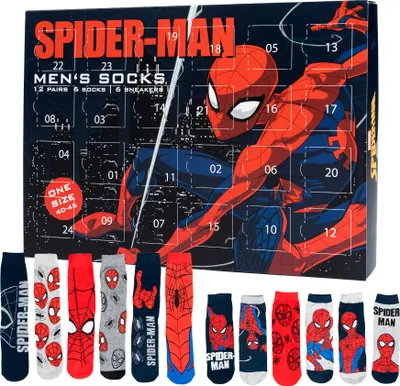 A Spider-Man themed advent calendar box with socks displayed in front of it.