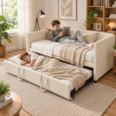 Immagine prodotto di Divano letto INONEFT, 90/180 x 200 cm, divano trasformabile in letto, divano letto per il giorno, letto matrimoniale, divano letto imbottito beige in velluto, con rete a molle