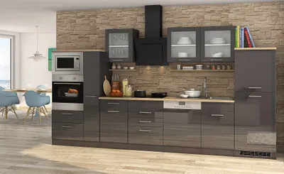 Produktbild von Küchenblock Mailand 370 cm grau hochglanz mit Geschirrspüler Glaskeramik Kochfeld Backofen Mikrowelle Kühlschrank Apotheker