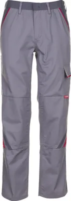 A pair of gray work pants with red accents.