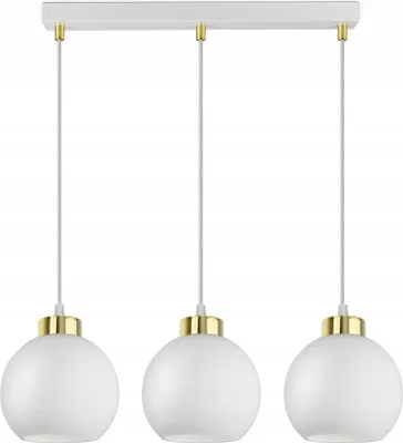 A white three-light pendant lamp with frosted glass globes and gold accents, displayed against a white background.