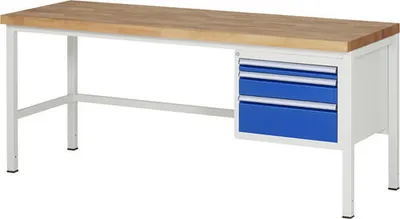 Produktbild von Werkbank mit 3 Schubladen - Vollauszug - 60:1 / 120:1 / 180:1 - 840 x 2.000 x 700 mm (HxBxT) - Traglast 1.250 kg - Buche