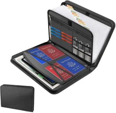 Image de Porte-documents avec serrure, compartiment ignifuge, porte-documents A4, 12 pochettes transparentes avec fermeture à glissière et étiquettes, pour dossiers A4 et autres