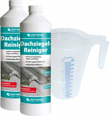 Produktbild von HOTREGA Dachziegel Reiniger Konzentrat 2x 1 Liter | Langzeitschutz gegen Grünbelag, Algen | selbsttätig, materialschonend | inkl. Messbecher
