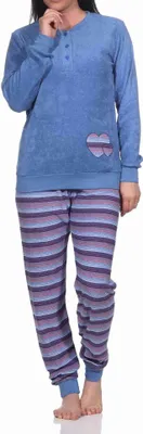 Produktbild von Wunderschöner Damen Frottee Schlafanzug mit Bündchen und Herz-Motiv - auch in Übergrössen ; blau , 36