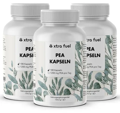 Produktbild von PEA Kapseln - Mikronisiertes Palmitoylethanolamid - 1200mg pro Tag – 3x Dosen (540x PEA Kapseln)