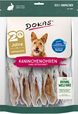 Produktbild von Dokas Kaninchenohren mit Fell getrocknet, Snacks, Hund, Adult, Kaninchen, 180 g