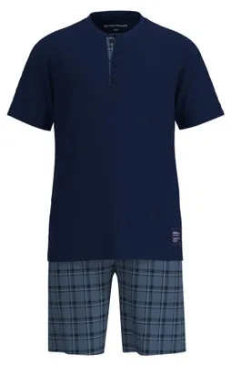 Immagine prodotto di Pigiama da uomo TOM TAILOR, modello corto - Shorty, in cotone, con collo Henley, jersey semplice, blu, taglia M