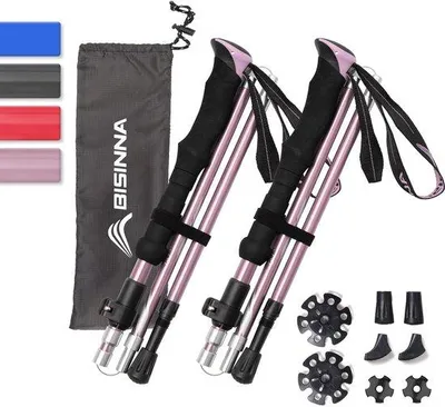 Immagine prodotto di Bastoncini da trekking - 95-110 cm / 115-135 cm Bastoncini da passeggio pieghevoli, regolabili e leggeri in alluminio, con puntali gommati per donne e uomini (colore rosa)