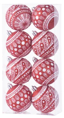 Imagen del producto de Bolas para árbol MagicHome Navidad, 8 uds., 6 cm, rojas con adorno blanco y purpurina