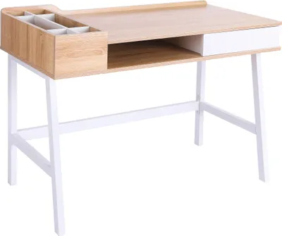Produktbild von Vielseitiger Schreibtisch mit 6 Ablagefächern und Schublade, Naturholz 100x55x81,5 cm für Büro und Zuhause