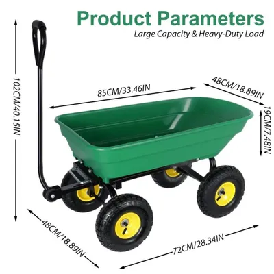 Obrázok produktu pre Záhradná vozík – kyvacia nádoba s objemom 55 litrov – nosnosť 200 kg – pneumatiky s priemerom 25 cm – otočná rukoväť o 180° – oceľ a polypropylén