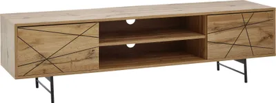 Lowboard Eiche-Dekor mit zwei Türen, offenen Mittelablagen und schwarzen Metallbeinen in Gesamtansicht.
