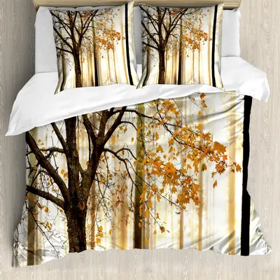 Produktbild von ABAKUHAUS Herbst Bettbezug Set, Einsam Baum mit Orangenblättern auf einem abstrakten Waldhintergrund, 155 x 220 cm + 80 x 80 cm, Orange Braun