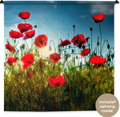 Produktbild von MuchoWow® Wandteppich Wandbehang Mohnblumen - Toskana - Sonne - Rot - Blau 150x150 cm Tapisserie Dekoration Wandtuch - Wohnaccessoires - Modernes