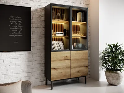 Produktbild von GrainGold Vitrinenschrank Loara - Vitrine mit Türen  - Vitrine mit LED-Beleuchtung, Highboard Schrank, Kommode mit Glas - Vitrine Holz - Eichefarbe, Schwarz