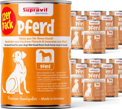 Produktbild von Supravit Hundenassfutter mit Pferd 12 x 410g Dosen | Nassfutter getreidefrei mit hohem Fleischanteil für Hunde