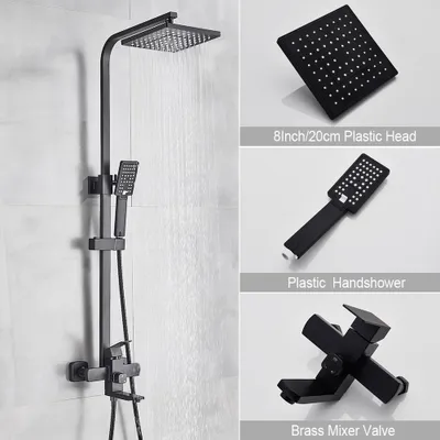 Obrázok produktu pre Uhlový sprchový systém s dažďovou hlavicou 20*20 cm, sprchový stĺp na povrchu, čierny