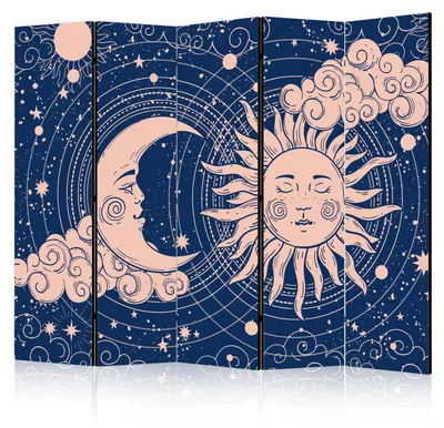 Obrázek produktu pro Paravan s potiskem, 5 dílů, skládací, rozdělovač prostoru, motiv: slunce, mraky, měsíc, boho styl, rozměry: 225 cm x 172 cm