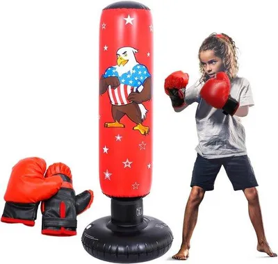 Produktbild von Famanu Aufblasbarer Boxsack 120 cm mit Boxhandschuhen - Trainingsset für Kinder
