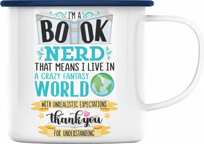 Produktbild von Trendation - Lesen Emaille Emaille Tasse Leseratte Geschenkidee Buch Leser Emaille Tasse mit Spruch Bücherwurm (Blau)