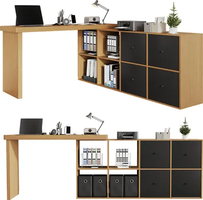 Produktbild von Drehbarer Schreibtisch, mehrfarbig, MDF, 4 cm dicke Platte, 4 Fächer, 4 Schubladen, Kippsicherung