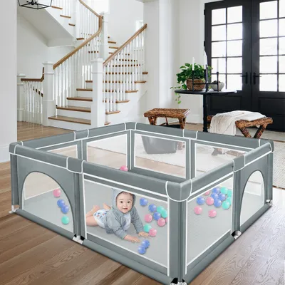 Produktbild von Baby Laufgitter 180x150x66cm Aktivitätszentrum mit atmungsaktivem Netz Rutschfester Basis Sicherheitsspielplatz dunkelgrau