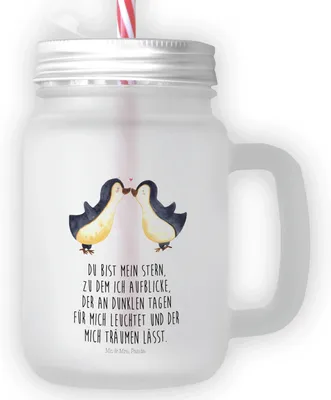 Produktbild von Mr. & Mrs. Panda Glas Pinguin Liebe - Transparent - Geschenk, Mason Jar, Trinkglas, Mit Schraubdeckel, Hochzeitstag, Vertraut, Freundin, Strohhalm, Love, Cocktailglas