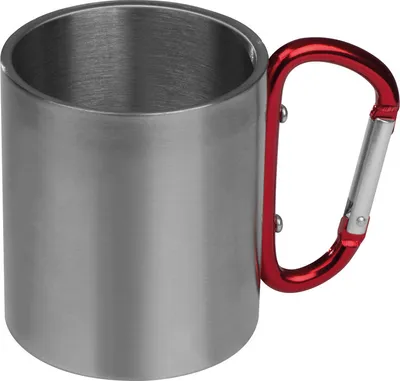 Produktbild von Doppelwandige Tasse aus Edelstahl mit Karabinerhaken / Farbe: silber-rot