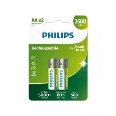 A retail package of Philips AA rechargeable batteries.