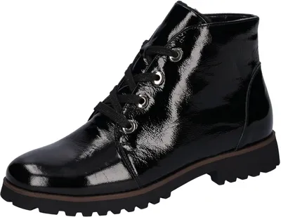 A black patent leather boot with laces.