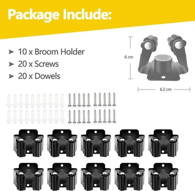 Produktbild von BundiGlassware 10er Set Wand-Gerätehalter aus Edelstahl mit Gummirollen und Montagematerial, universell für Besen, Gartengeräte und Stiele unterschiedlicher Stärken bis 2.5 kg Tragkraft, für Küche, Bad, Garage & Garten