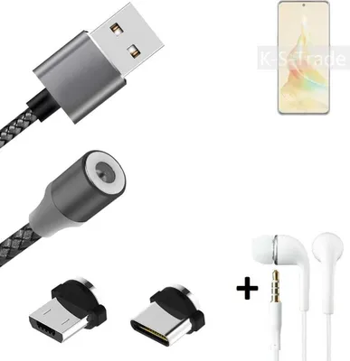 Produktbild von K-S-Trade® Hochwertiges Magnet-Lade-kabel Sync-Kabel Daten-Kabel + Kopfhörer kompatibel mit Oppo Reno8 T 5G mit USB-Typ-C-Anschluss und