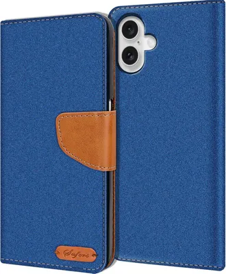 Produktbild von Conie Jeans Style Klapp Tasche für iPhone 16 Plus Kartenfach Hülle Rundumschutz in Blau
